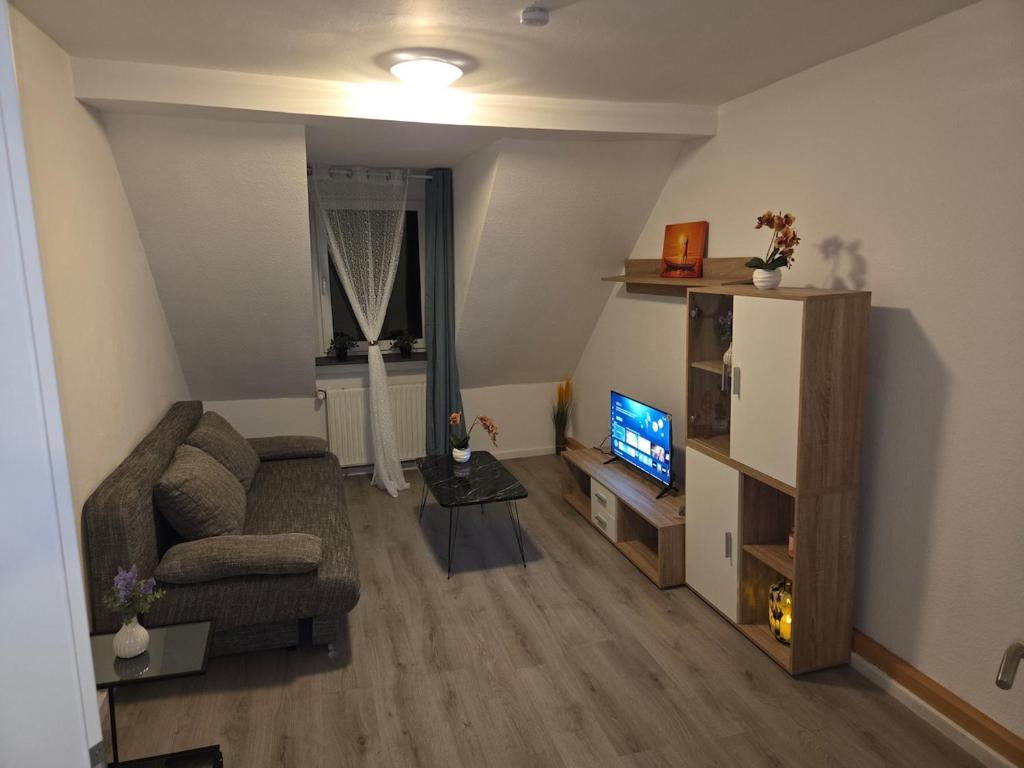 a living room with a couch and a television at Wohlfühl-Insel in Ludwigshafen am Rhein
