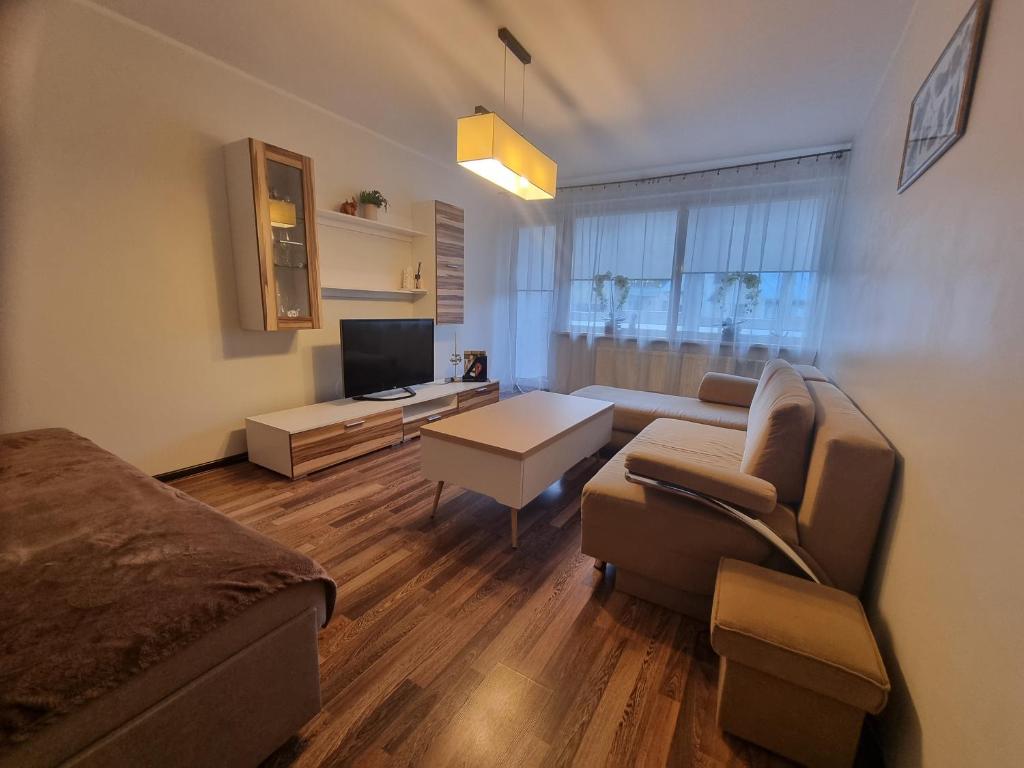 a living room with a couch and a table at Airida Forest Apartment in Druskininkai