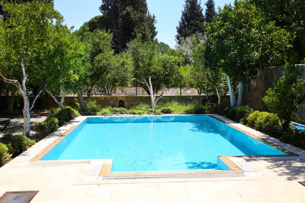 a swimming pool in a garden with trees at Muskebi Villa in Ortakent