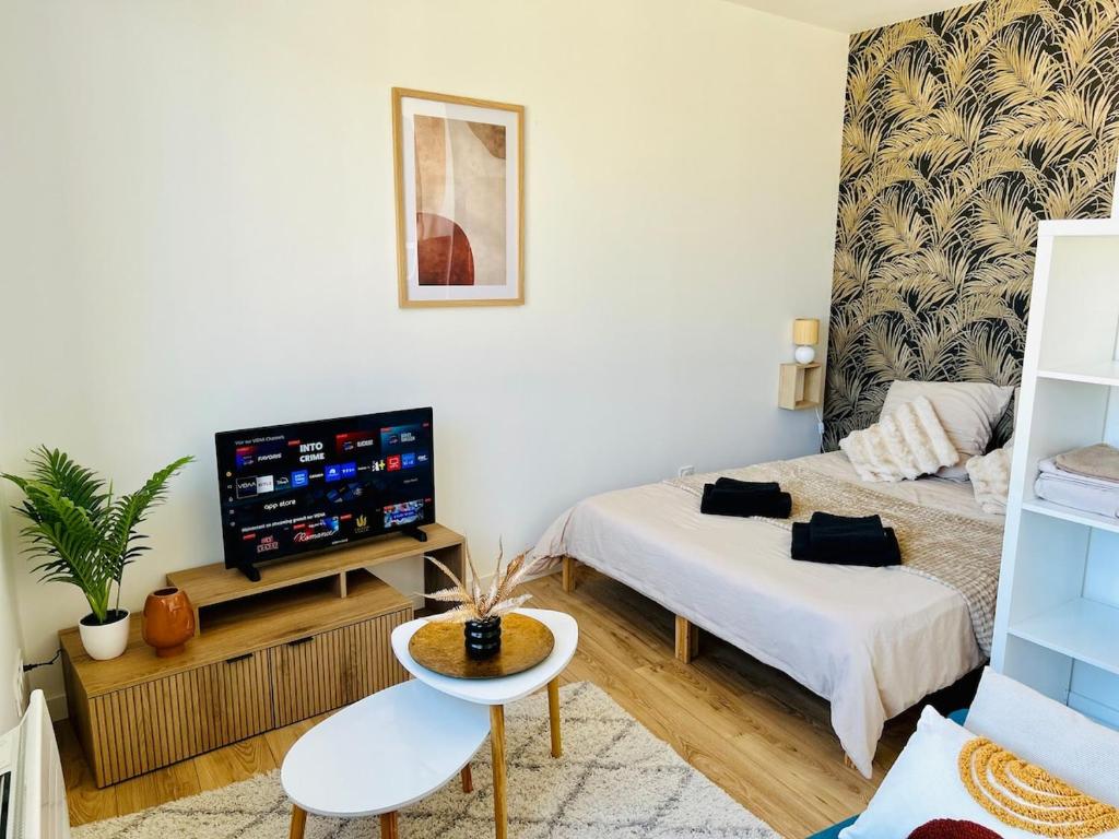 a living room with a bed and a tv at Appartement proche Ancenis - Loire et Vélo in Liré
