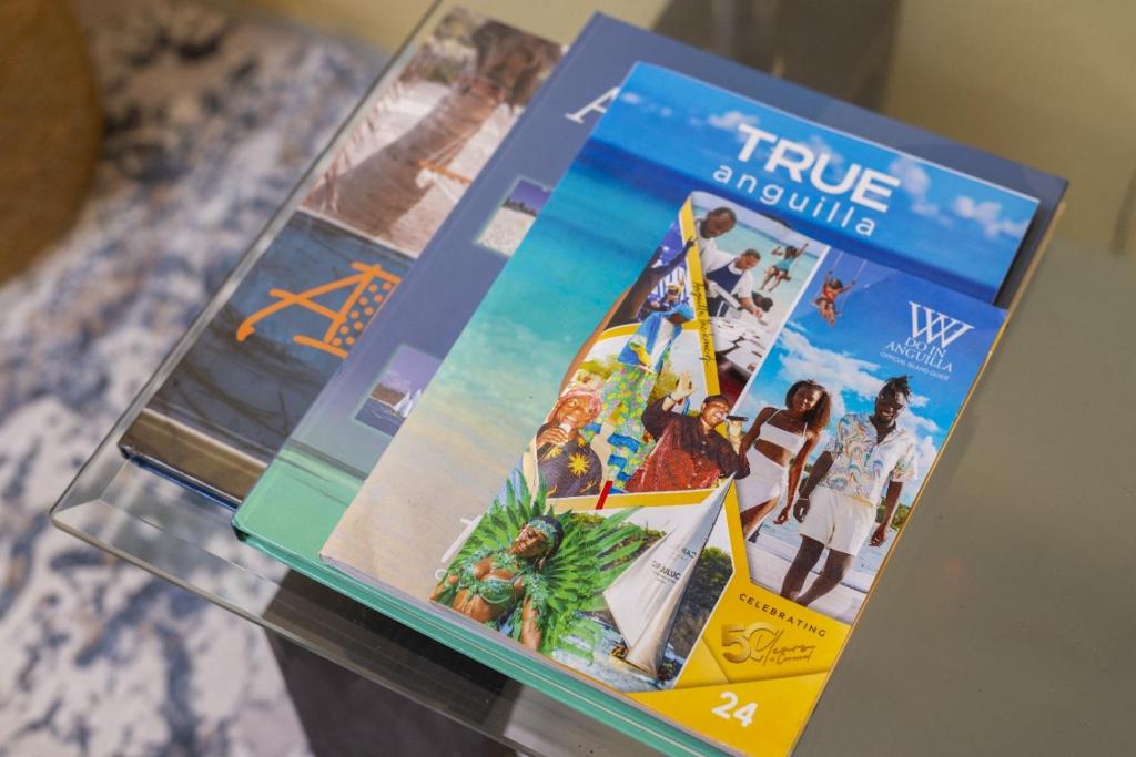 a stack of magazines sitting on a glass table at Coconut Haven in East End Village