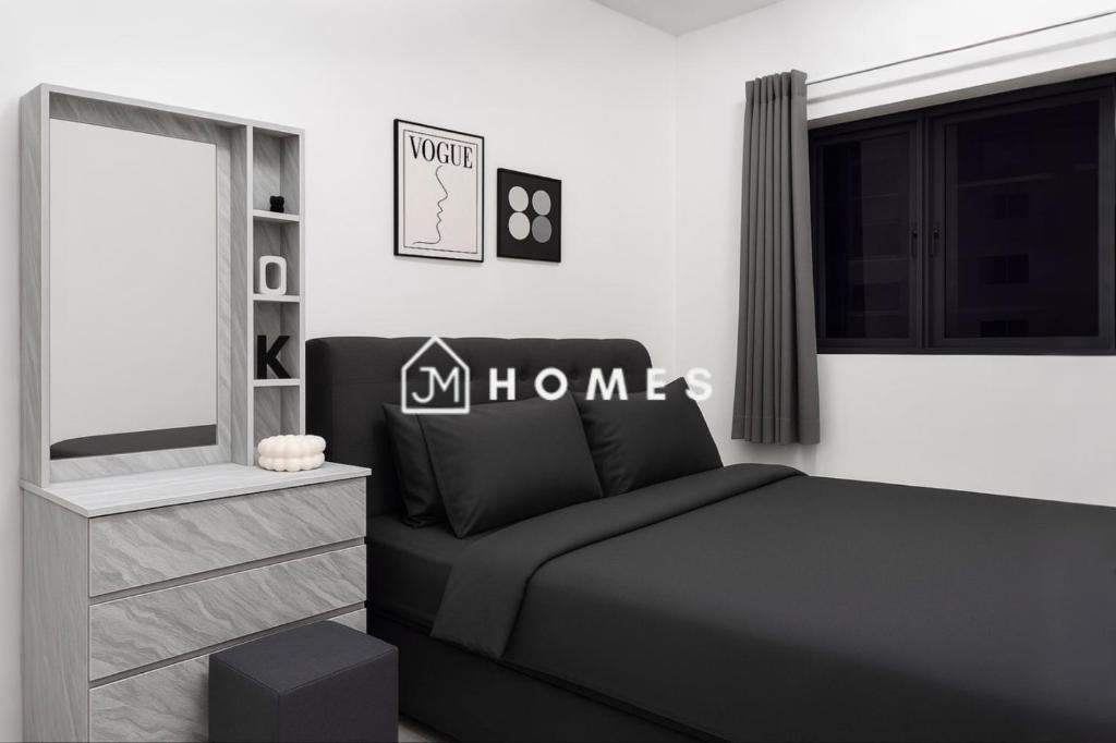 a bedroom with a black bed and a window at C180 Trader Park 3Room Balcony Free Parking #C13 in Cheras