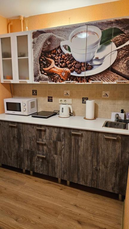 a kitchen counter with a picture on the wall at MINiLUx in Ventspils