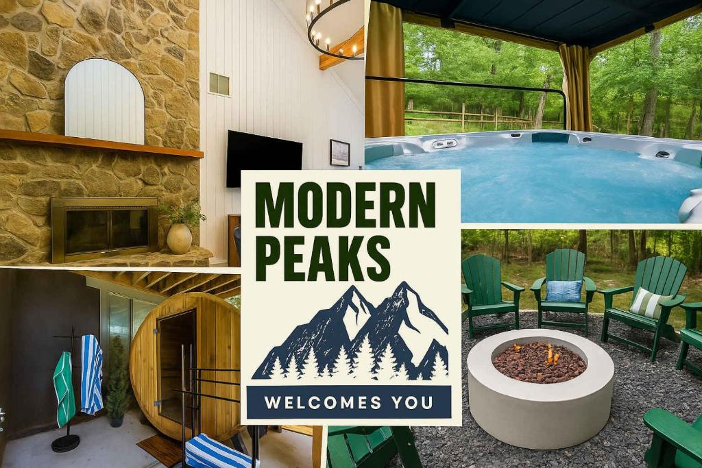 a collage of pictures of a house with a pool at Modern Peaks Hot Tub Sauna GameTheatre Room in McGaheysville