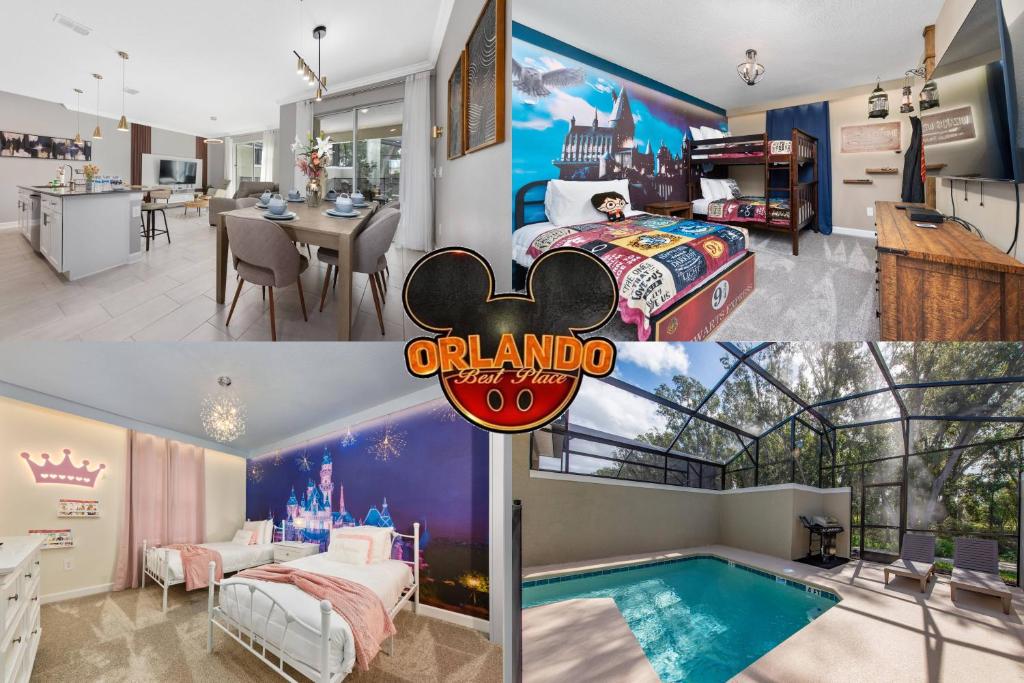 un collage de photos d'une chambre et d'une maison dans l'établissement 4 bedrooms house with pool, à Kissimmee