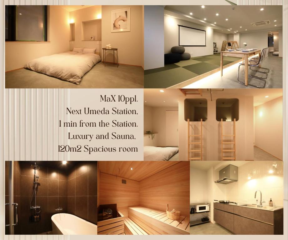 a collage of four pictures of a room at BROOMSTAY Umeda west in Osaka