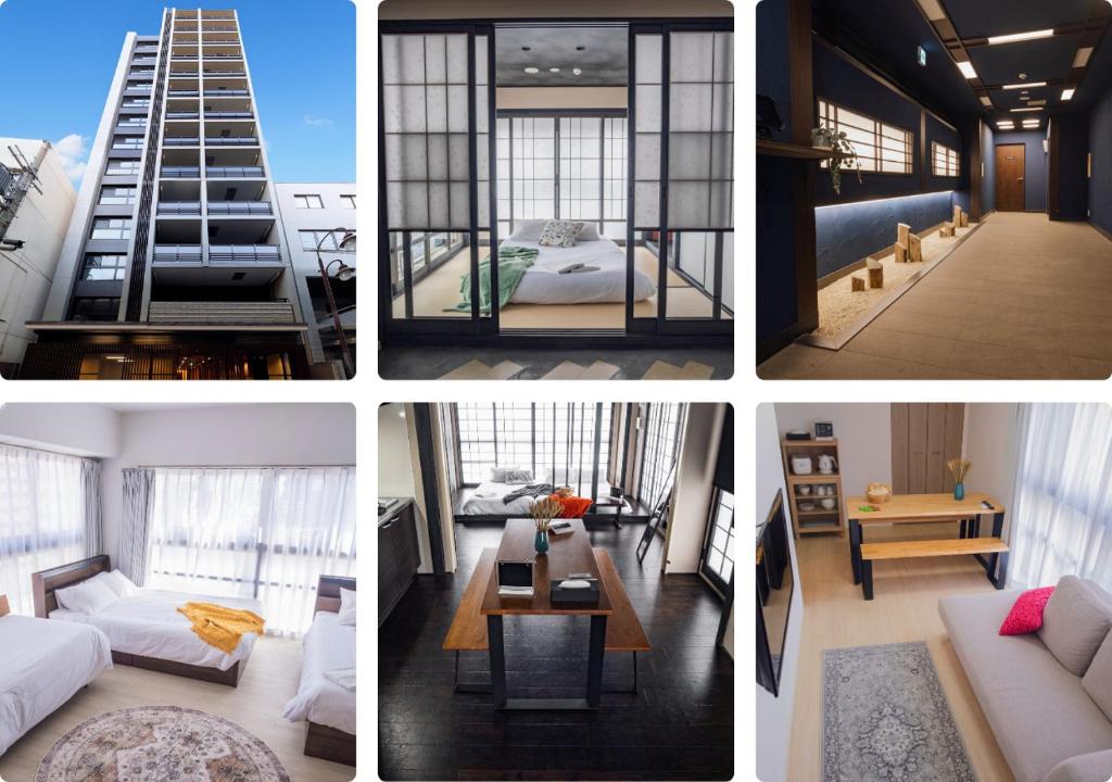 a collage of four pictures of a room at ORI Nipponbashi in Osaka