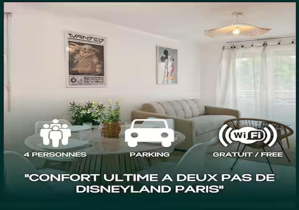 a living room with a couch and a table at Le Sunny Side - Appartement pour 4 personnes Disneyland in Montévrain