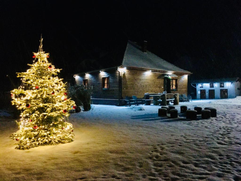 MátramindszentにあるMátrai pincés udvarの丸太小屋前のクリスマスツリー