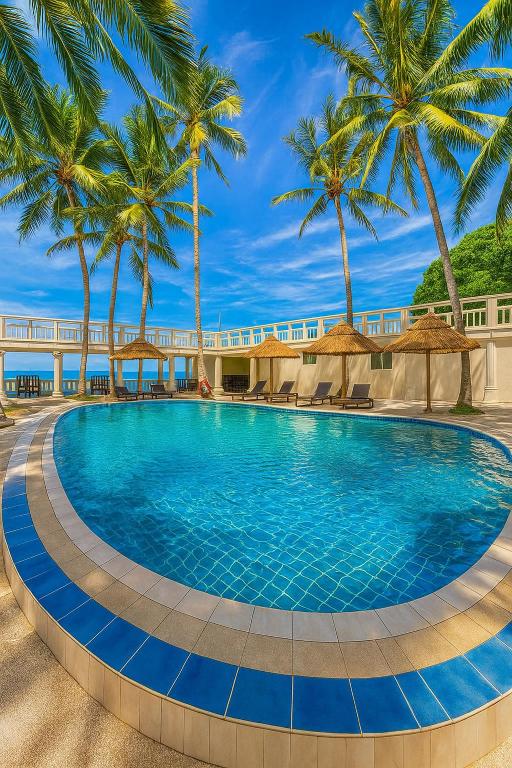 a swimming pool with palm trees in a resort at Mandala Beach Resorts powered by Cocotel in Bitangan