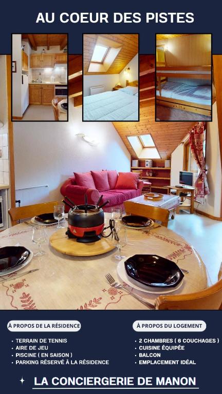 a collage of photos of a living room with a table at Refuge des pistes in Métabief