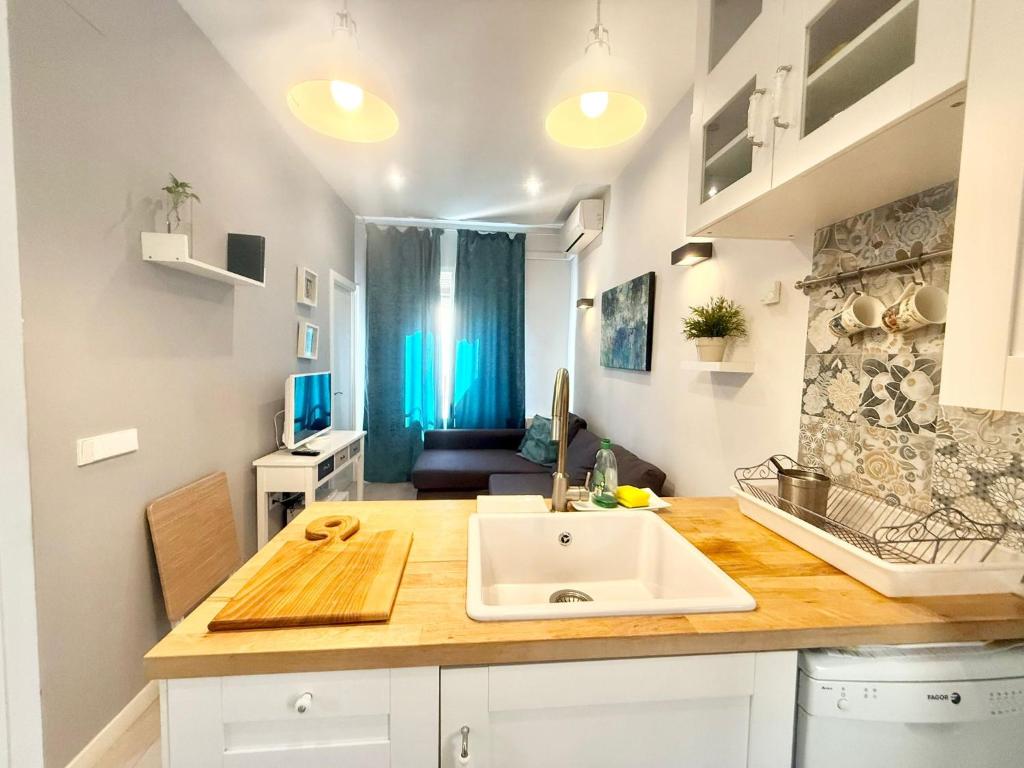 eine Küche mit Spüle und ein Wohnzimmer in der Unterkunft Metro Legazpi 03 AMCH Hospedaje in Madrid
