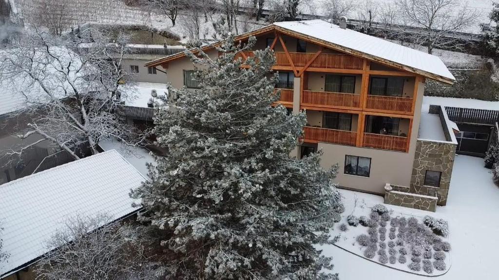 a snow covered christmas tree in front of a house at TANOVINUM Apartments in Villandro