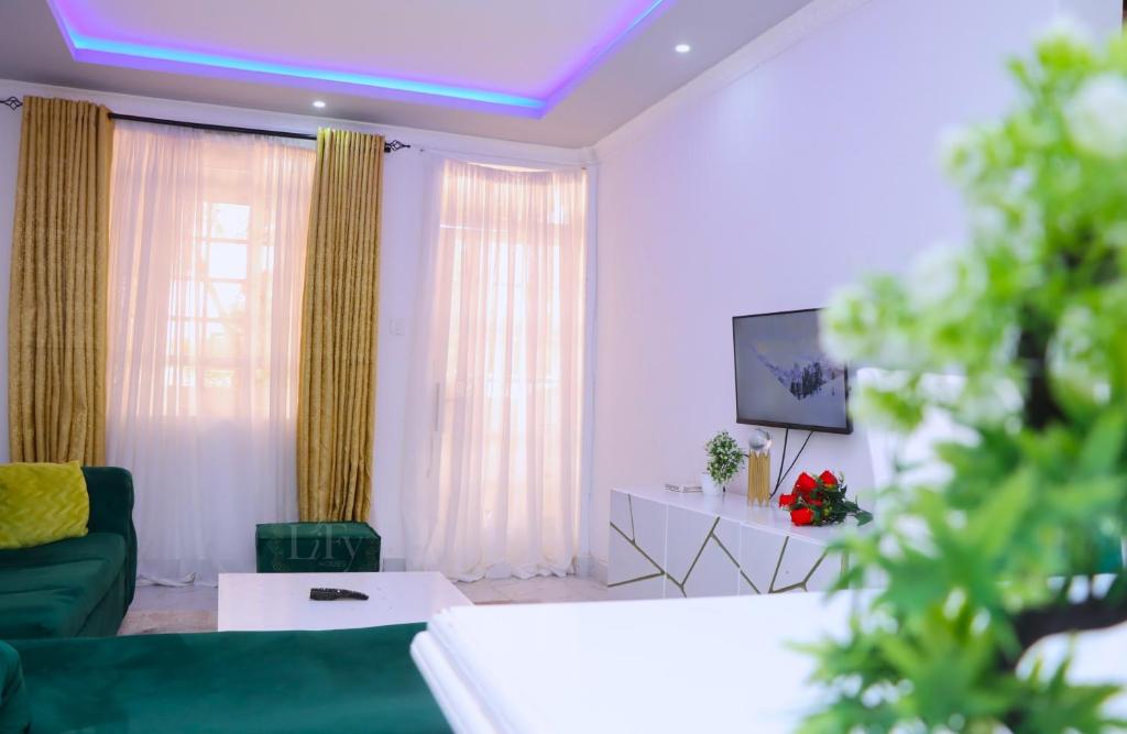a living room with a green couch and a tv at Executive 1BR with Free WiFi & Netflix in Nyeri