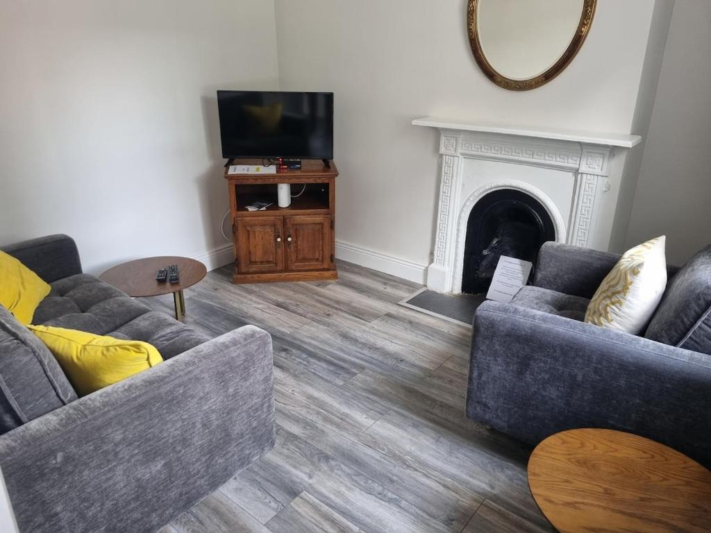 a living room with two couches and a fireplace at Adare House Newbridge in Newbridge