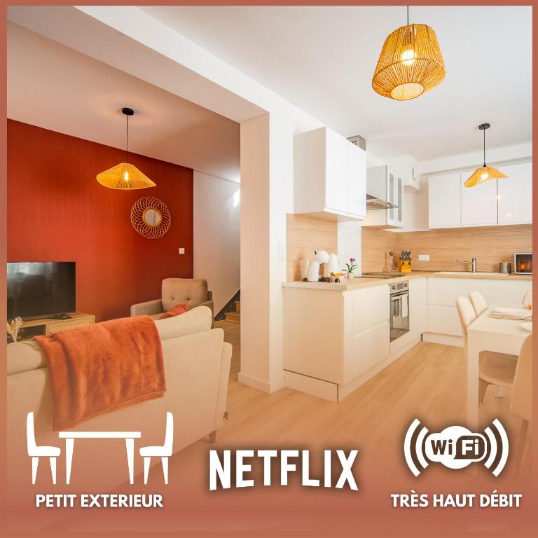 a kitchen and living room with a couch and a table at La Pause Tourangelle - Calme - Wifi - Parking in Monnaie