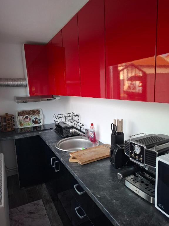 a kitchen with red cabinets and a sink at Harmony house in Buziaş