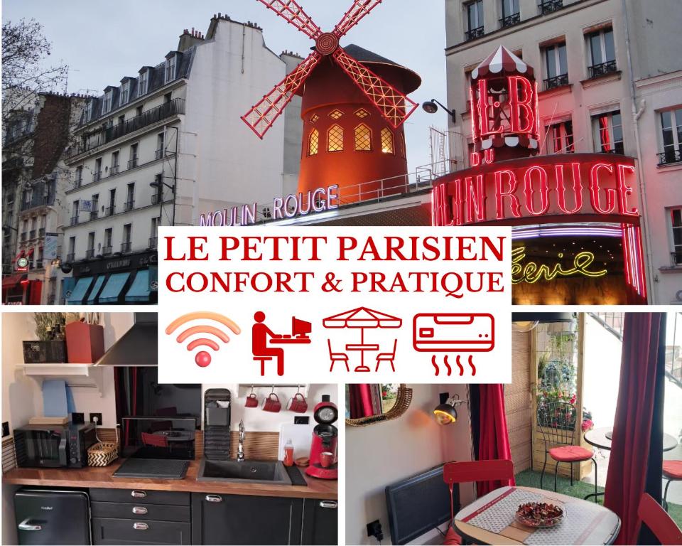 a collage of pictures of a windmill and buildings at Le Petit Parisien- Bienvenue - Netflix - Terrasse - Parking - Porte de Paris - Climatisation - Guide visite à Paris OFFERT in Pantin