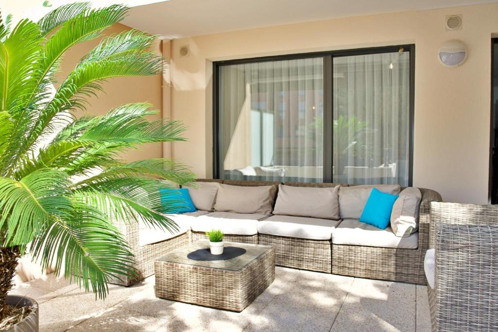 a living room with a couch and a palm tree at Charmant appart rénové centre plages à 5 minutes in Théoule-sur-Mer