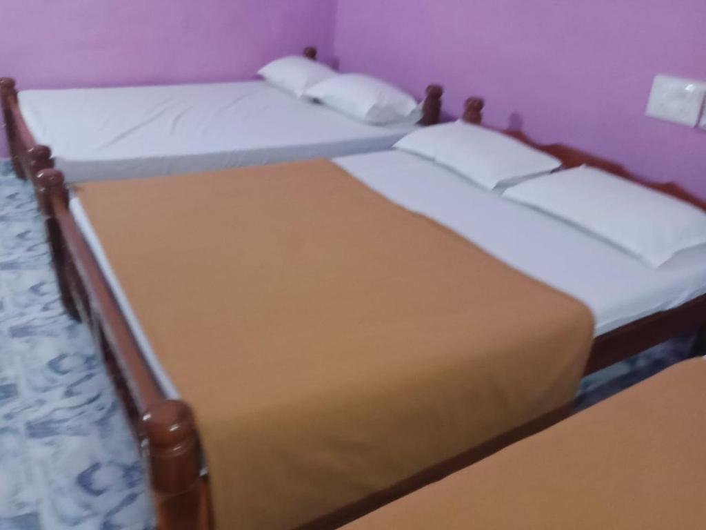 two twin beds in a room with purple walls at Golden Rich in Gokarna