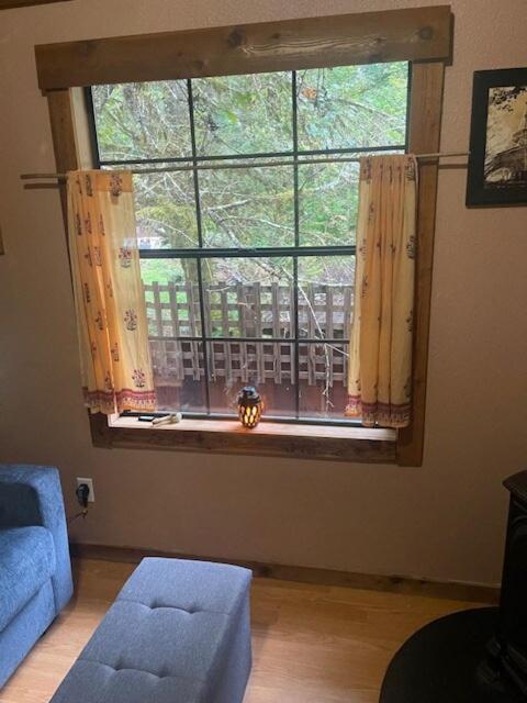 a living room with a window and a blue couch at Mystic Ivy in Marblemount