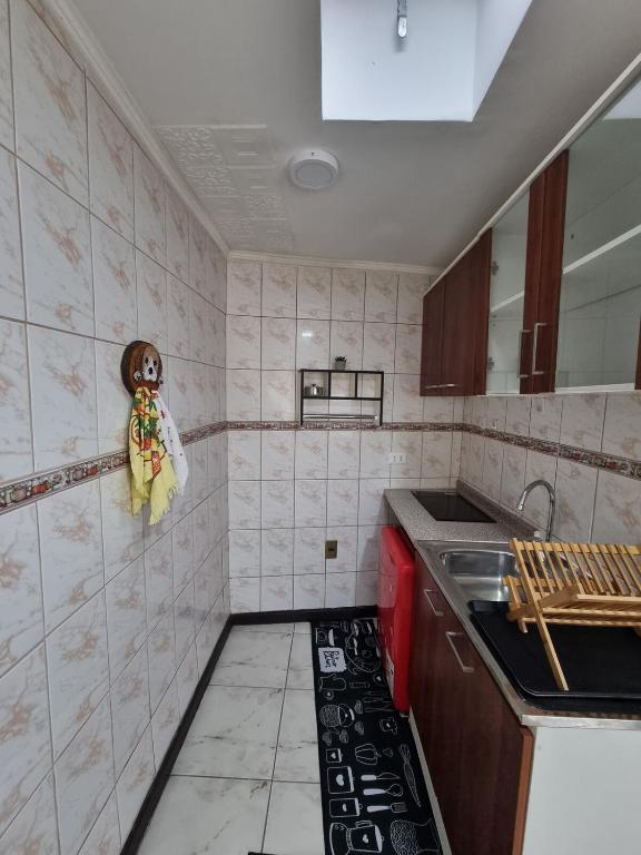 a kitchen with a sink and a tiled wall at El chalet del Gato, Loft en hermoso barrio central Viña del Mar in Viña del Mar