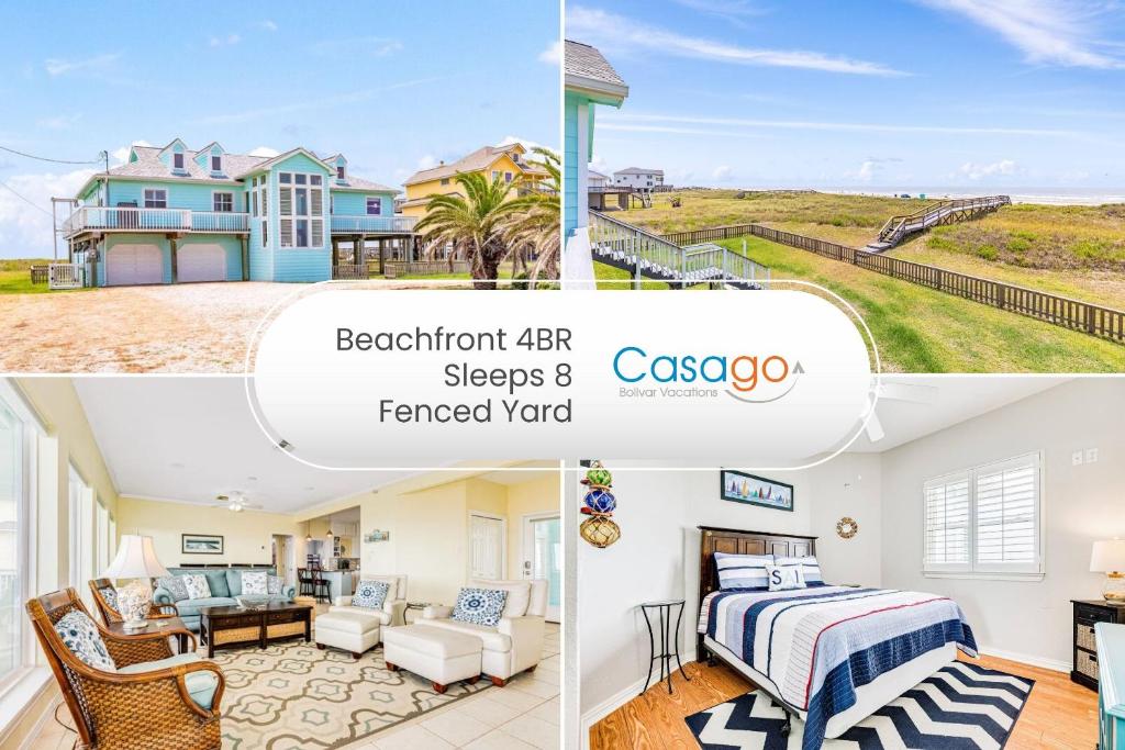 a collage of photos of a beachfront sleeps and a fenced at Ultimate Beachfront Beach Access Fenced Yard in Hercules Offshore Heliport