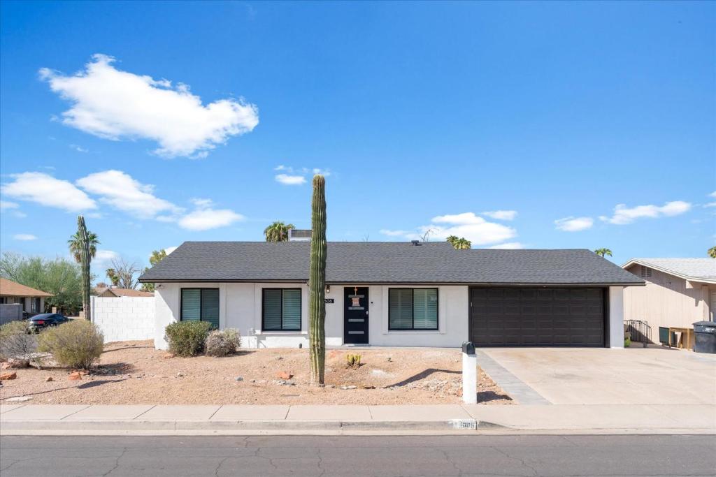 a house with a palm tree in front of it at Rock and Glam Paradise in Tempe