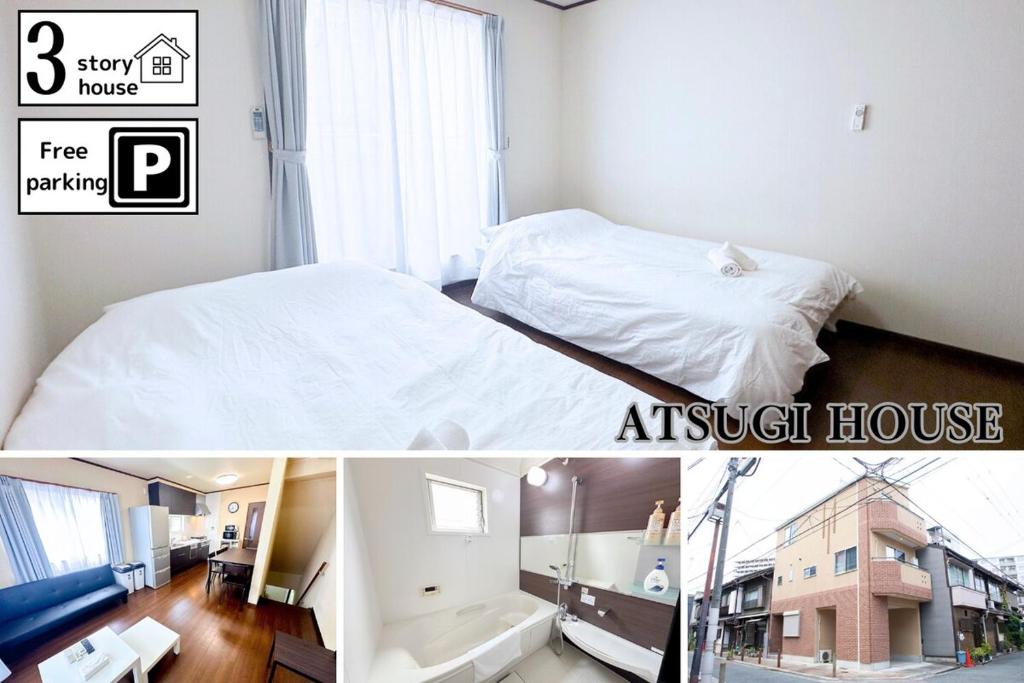 ein Schlafzimmer mit einem Bett und eine Pension in der Unterkunft アツギハウス Max 12 ppl Free parking 3story detached house in Osaka