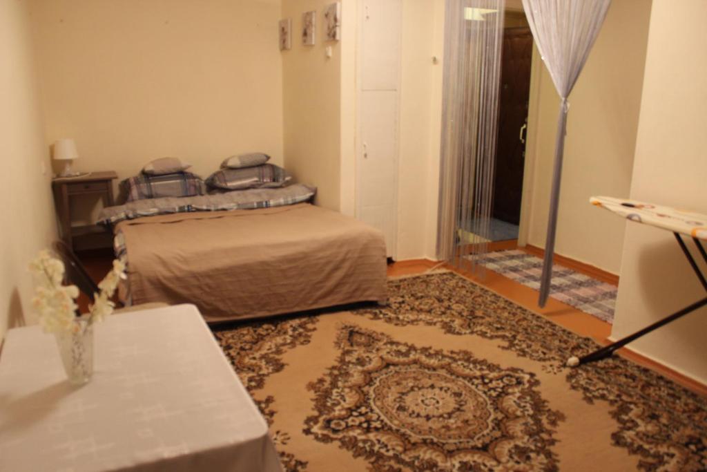 ノヴォロシースクにあるApartments on Anapskoye shosse 50のベッドとラグ付きの小さなベッドルーム1室が備わります。