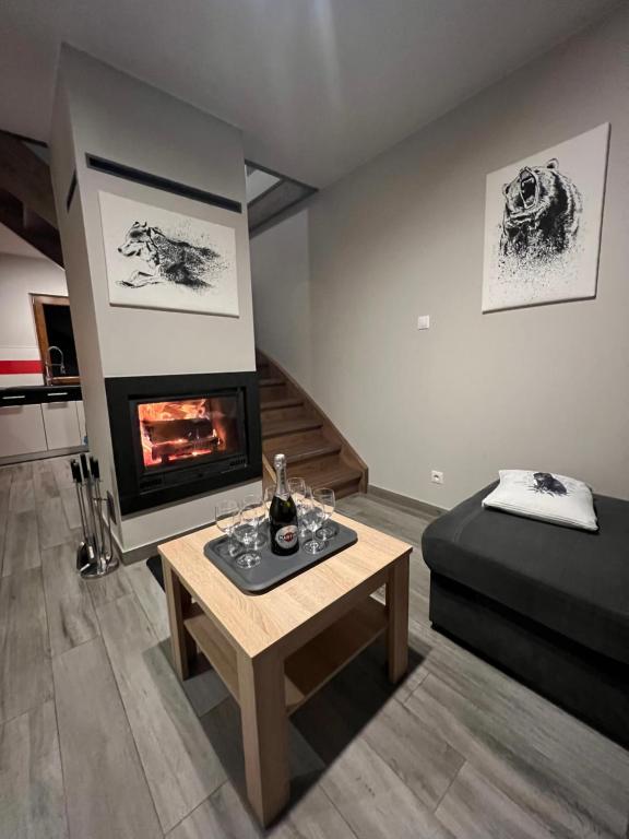 a living room with a couch and a fireplace at BIESZCZADZKI RAJ Komfortowe domy z kominkami i Sauną na obiekcie in Olchowiec