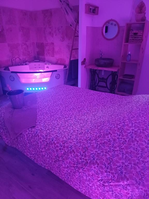 a purple bedroom with a bed and a bath tub at Charme et détente in Allex