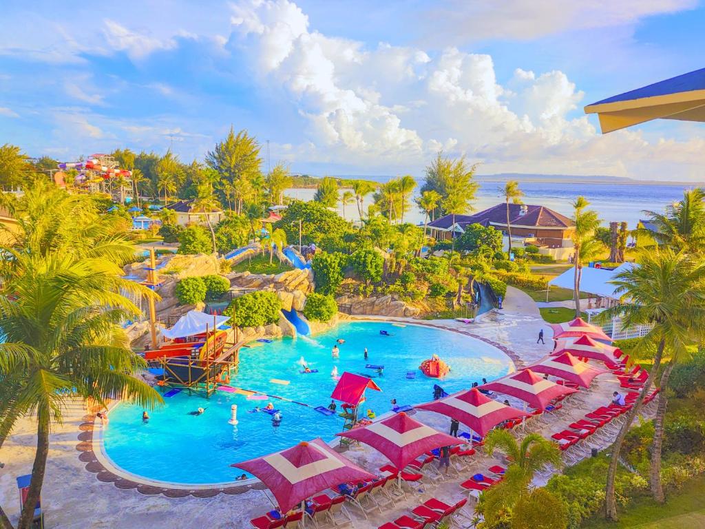 an aerial view of a water park at a resort at Pacific Islands Club Saipan in Chalan Kanoa