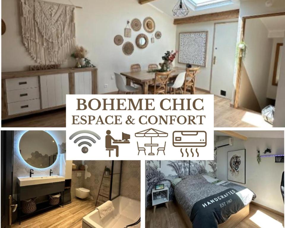 Postel nebo postele na pokoji v ubytování LE BOHEME CHIC - Terrasse BBQ Espace & Confort - Clim et Parking Gratuit - Idéal Famille - PLAGE 15 min - OFFRE SPECIALE