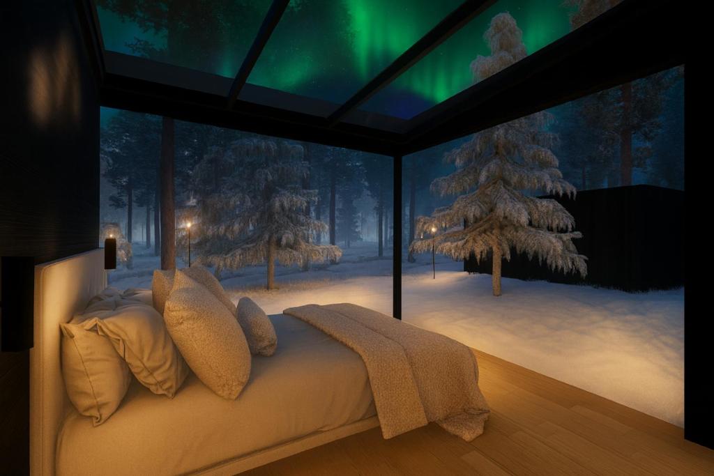 1 dormitorio con 1 cama en una habitación nevada en Aurora Igloo Village Ylläs Luna Suite, en Ylläsjärvi