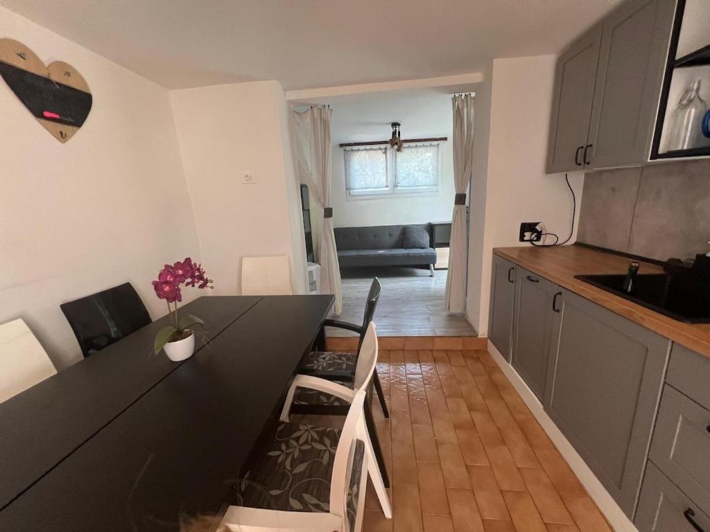 a kitchen with a black table and chairs in a room at Casa a 4 zampe in Gorizia