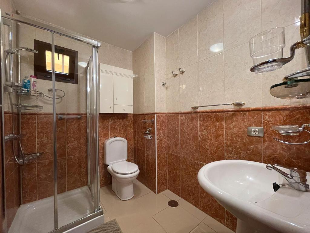 a bathroom with a toilet and a shower and a sink at Viva Tenerife in Costa Del Silencio
