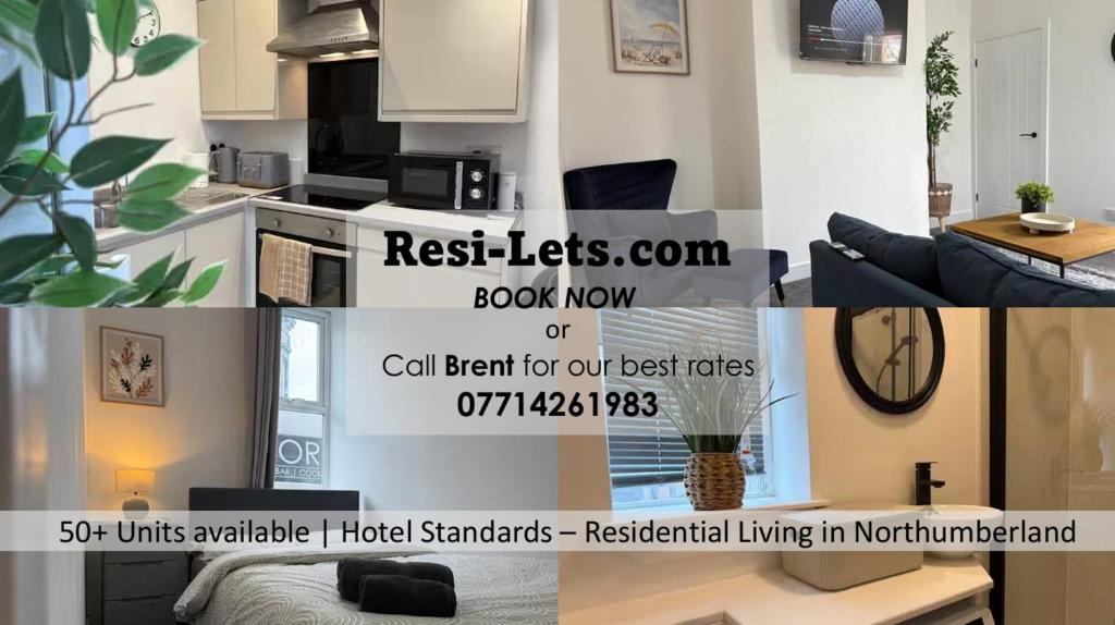 a collage of photos of a kitchen and a living room at ResiLets - NEW 3 Bed Apt, Sleeps 5, Town Centre, Ideal for contractors, holidaymakers, Professional Short Stay in Blythe