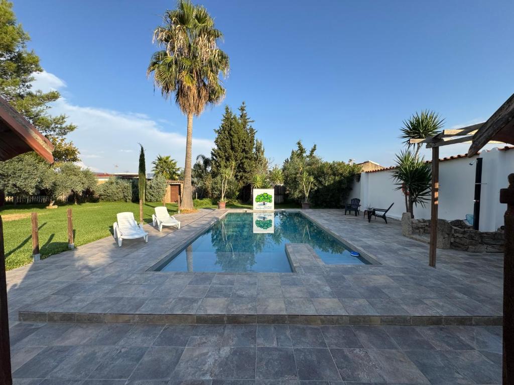a backyard with a swimming pool and a patio at Casa Rural Cornalvo in Mirandilla