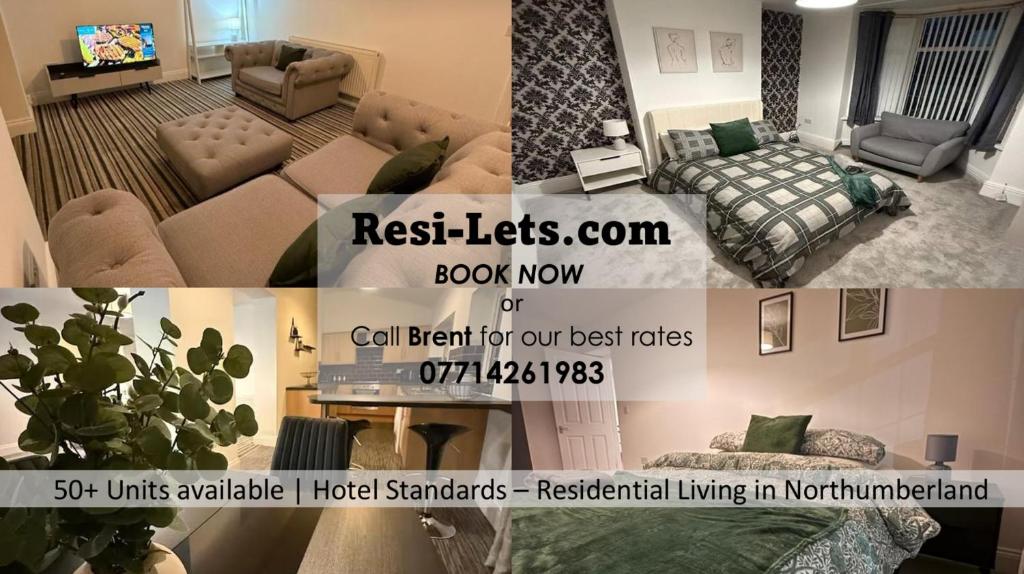 a collage of three pictures of a living room at ResiLets - Newsham Road -Large 2 BR Short Stay Apartment for Holidays Contractors Visitors in Blythe