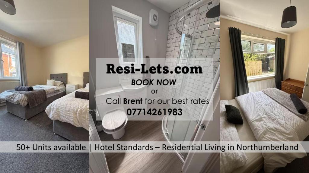 two pictures of a bedroom with two beds at ResiLets - Modern Central Town Centre Apartment - Sleeps 4! in Blythe