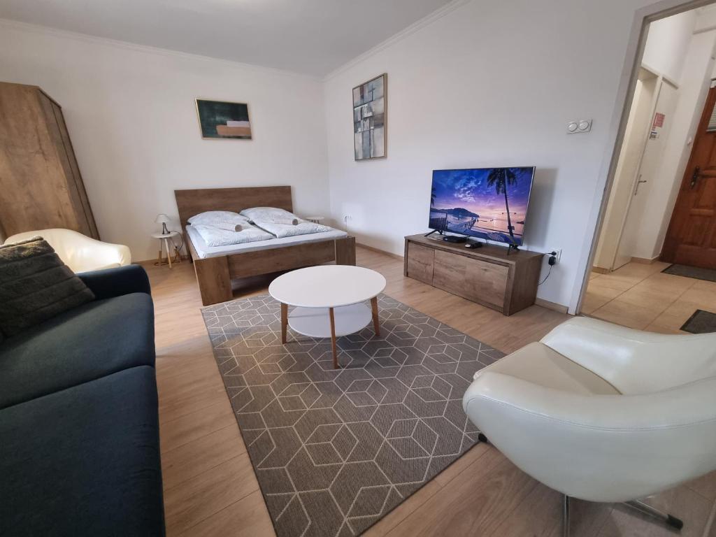 a living room with a couch and a table and a tv at Ida Apartman in Miskolc