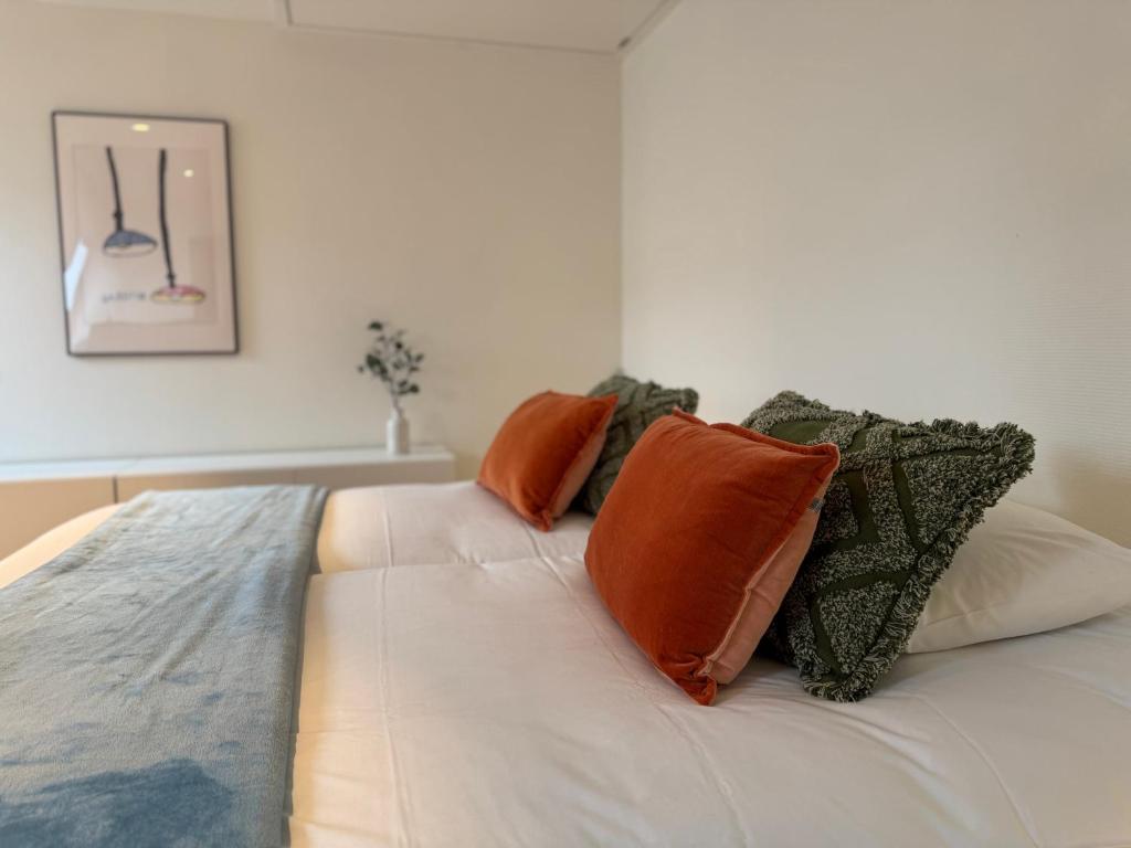 ディクスムイデにあるBiervlietmolen Vakantiewoningの白いベッド(上にオレンジ色の枕付)
