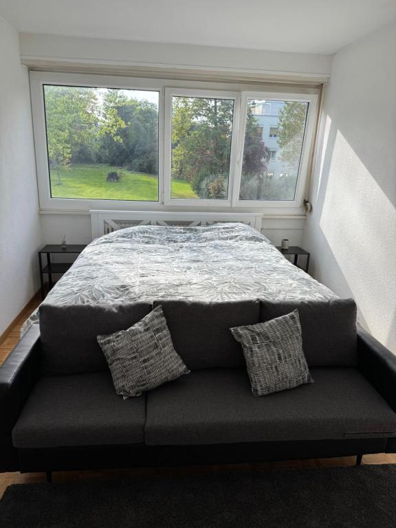 1 cama en un dormitorio con 2 ventanas en Chambre calme et confortable, accès aux pièces de vie, avec vue sur Parc, en Ginebra