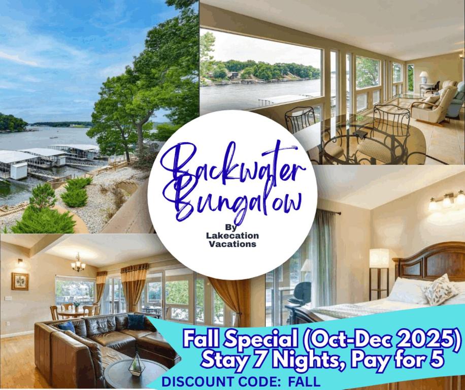 een collage van foto's van een huis met een bord bij Backwater Cove 4 Bed25 Bathdockdeck-sleeps 12 in Osage Beach