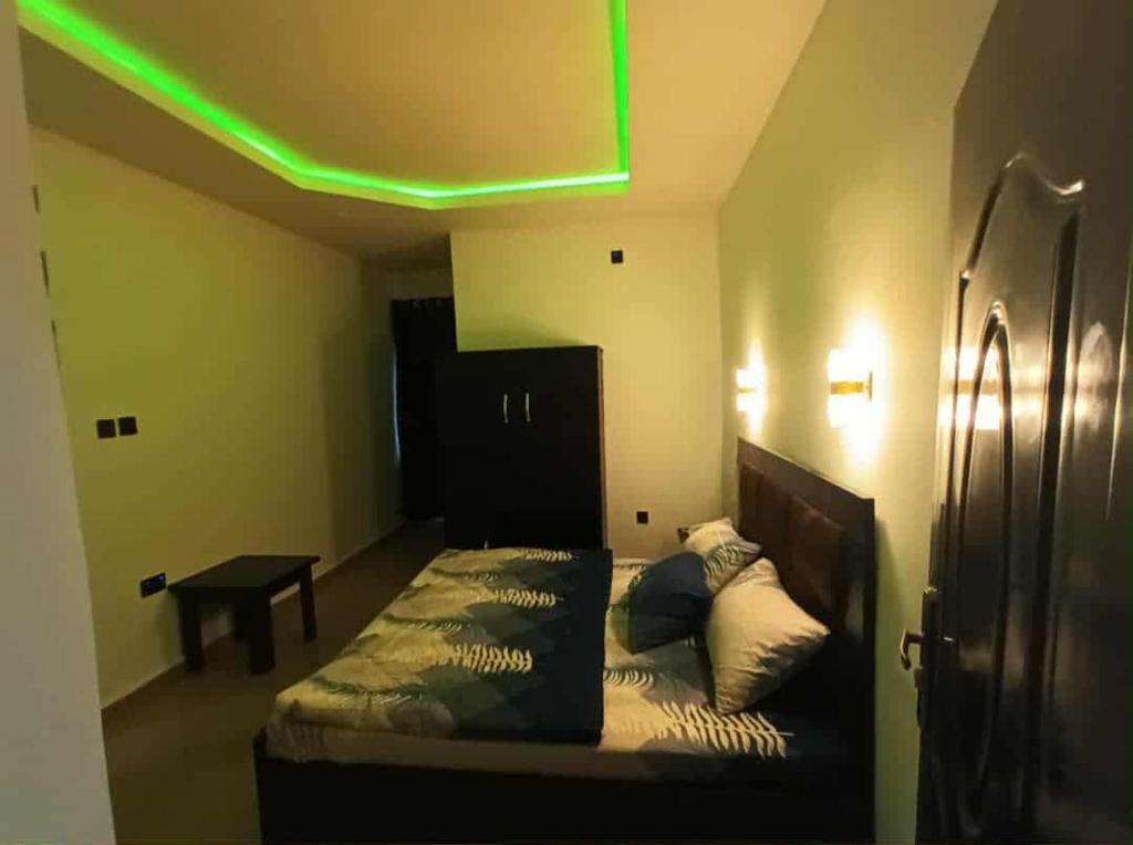 una camera da letto con un letto e una luce verde sul soffitto di Divine Villa and Resort Guest House PLOT 35 Umuezeukwu Road, Oboro, Ikwuano LGA,Abia State 