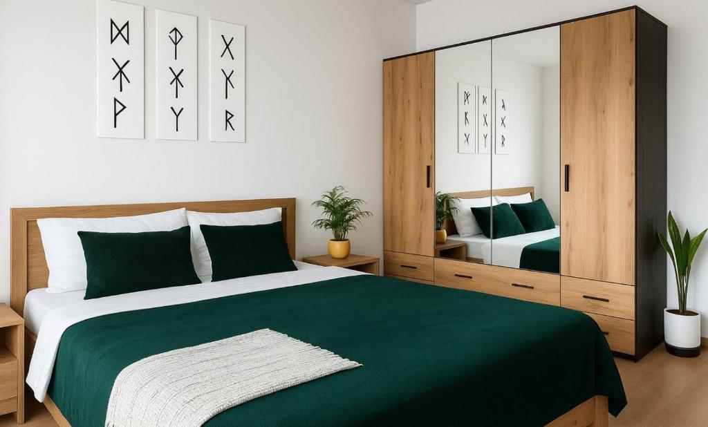 Ένα ή περισσότερα κρεβάτια σε δωμάτιο στο Cozy Peacefull Apartment with amazing view