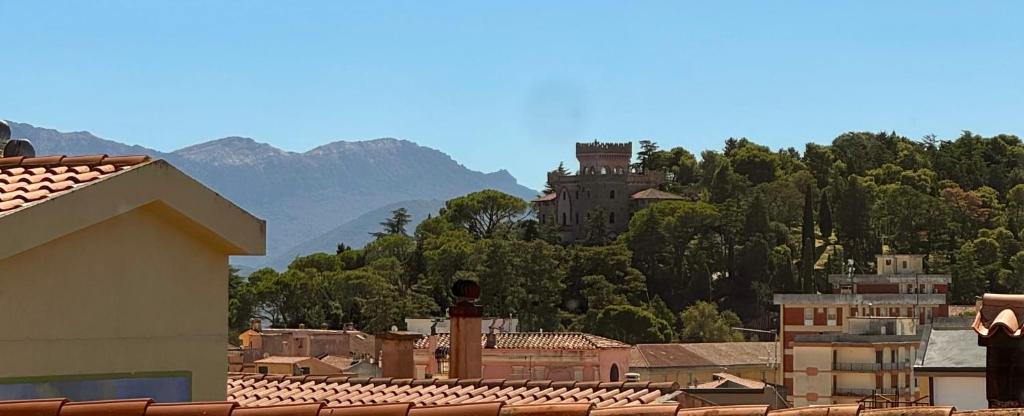 a view of a town with a castle on a mountain at B e Bo in Nuoro