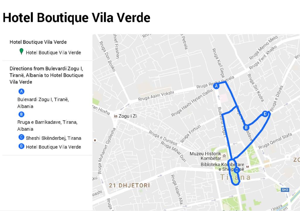 a map of a hotel boulevard via vride at Hotel Vila Verde City Center in Tirana