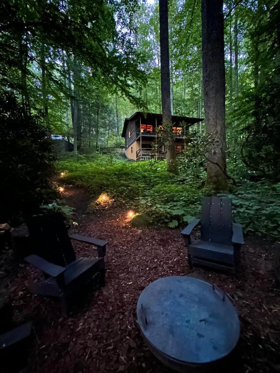 a cabin in the woods with a table and chairs at Karma Cabin in Scaly Mountain